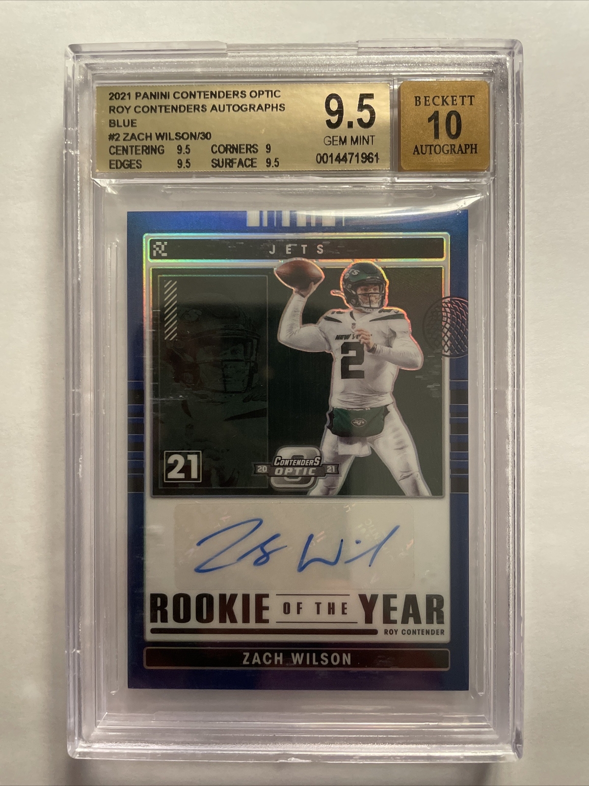 Zach Wilson Panini Contenders Optic Rookie of the Year Contenders Autographs #RYCZWI Blue