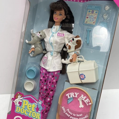 PET DOCTOR BARBIE Brunette Doll w/ CAT & DOG + SOUNDS Mattel #16458 VTG 1996 NEW
