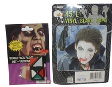 Combo, Vampire 45" Vinyl Black Cape,1 Makeup w/ Fangs