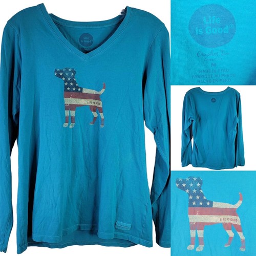 Life is Good Damen-T-Shirt mittelblau Sterne & Streifen Hund Grafik LS Brecher