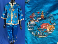 Antique Chinese Blue Silk Rayon Roundels Embroidery Pajama Pants Robe Jacket VTG