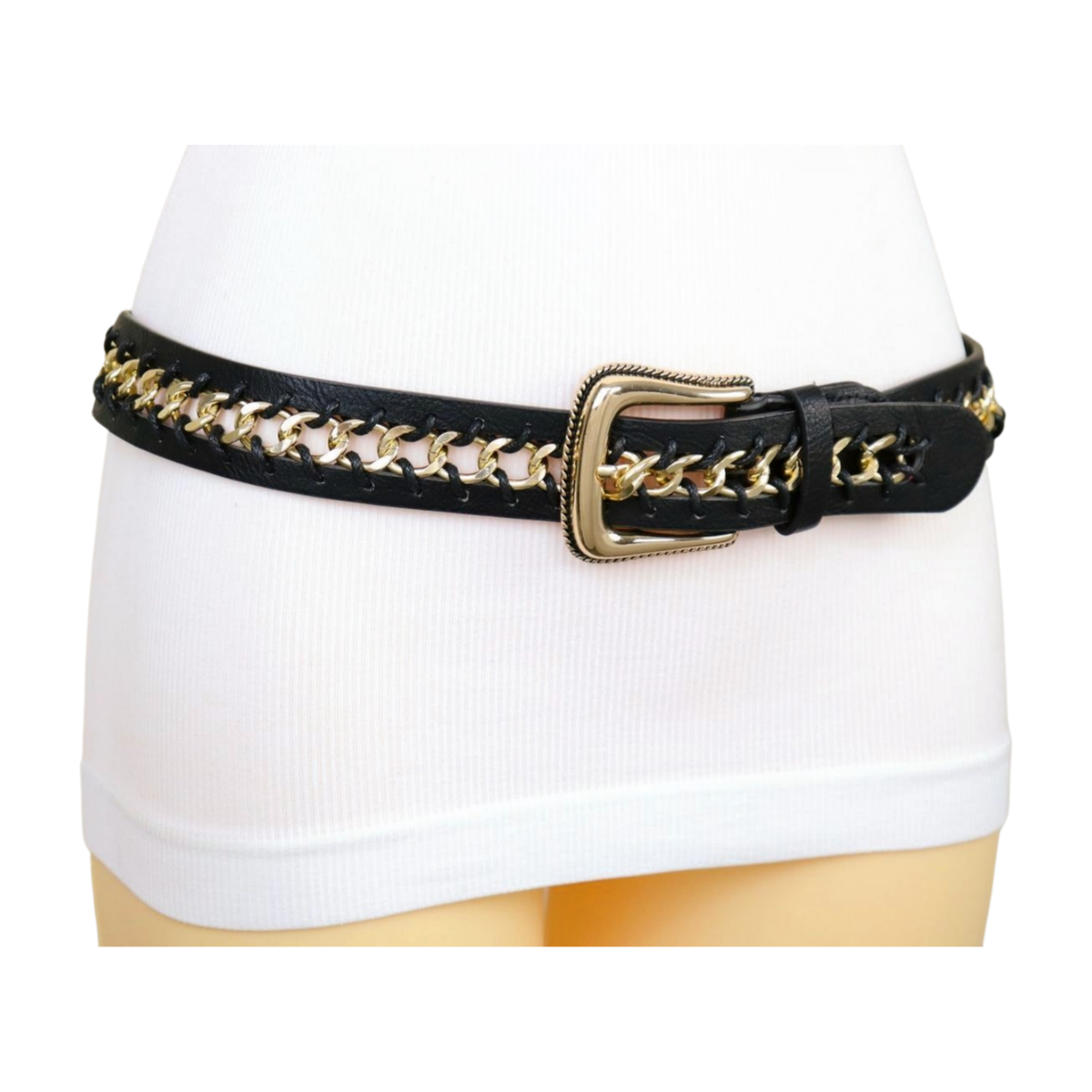 Women Black Faux Leather Waistband Belt Gold Metal Chain  display picture 1