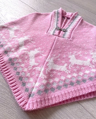 Nordic Pink Reindeer Design Knit Poncho Kids Wool Made in Finland - Picture 4 of 12