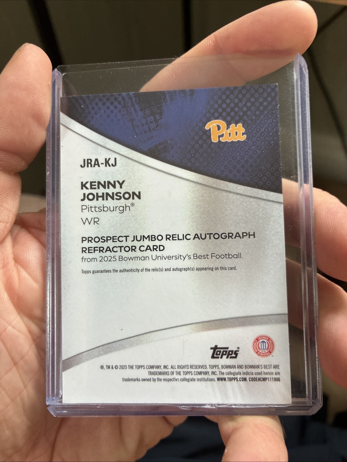 Kenny Johnson GAME USED RELIC AUTO 2025 Bowman Best U Pittsburgh Football JRA-KJ view 2