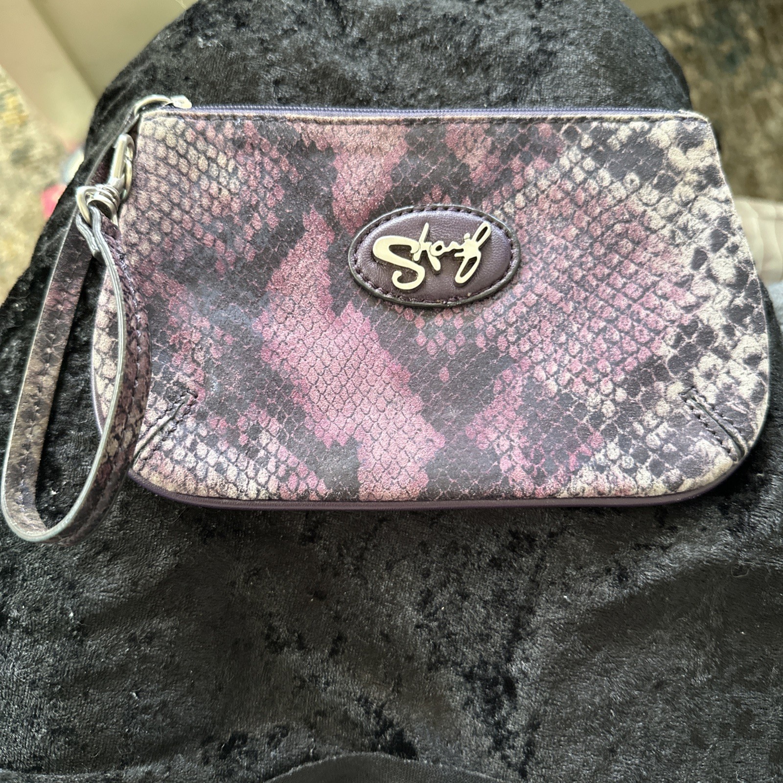 Sharif Mini Wristlet Coin Purse Makeup Bag with strap Purple Snakeskin Print