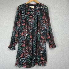 LOFT Women's Black Floral Dress Size L Sheer Sleeves Lattice Trim Cottagecore
