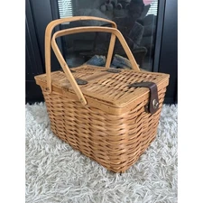 Vintage Wicker Picnic Basket Wooden Handles Leather Strap Storage Organizer