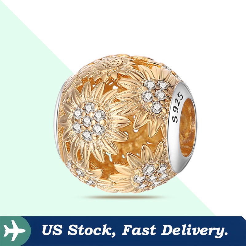 KUNSIR 925 Sterling Silver Gold Sunflower Charm For Bracelet Bead Charm DIY Gift