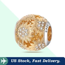 KUNSIR 925 Sterling Silver Gold Sunflower Charm For Bracelet Bead Charm DIY Gift