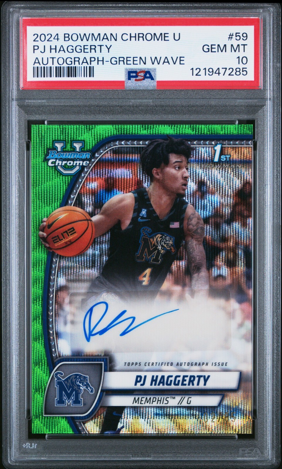 PSA 10 - PJ HAGGERTY #/85 Auto - 2024 Bowman Chrome U Rookie GREEN WAVE MEMPHIS