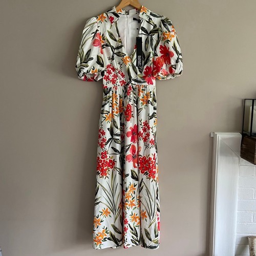 Badgley Mischka White Floral Print Midi Dress Puff Sleeves Size 2 $550 New - Picture 2 of 9