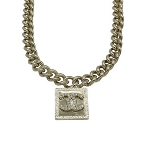 Authentic CHANEL Crystal CC Square Pendant Necklace Gold Plated