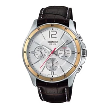Casio MTP1374L-7AV Men's Leather Band Silver Multifunction 3 Dials Analog Watch