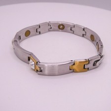 Stainless Steele Magnetic Rhinestone Silver And Gold Toned Men Women 7" Bracelet