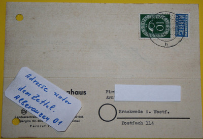 Postkarte DBP MI: 128 Befördert- Hilden (Rhein)/Brackwede am 14.11.1951 (11.542)