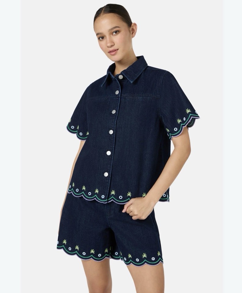 Gorman Sz 12 Shirt Blue Denim Greta Embroidered Short Sleeve Collared Button Up