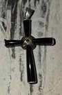 Vintage 925 Sterling Silver Cross Onyx Marcasite Religious Necklace Pendant  — photo 2