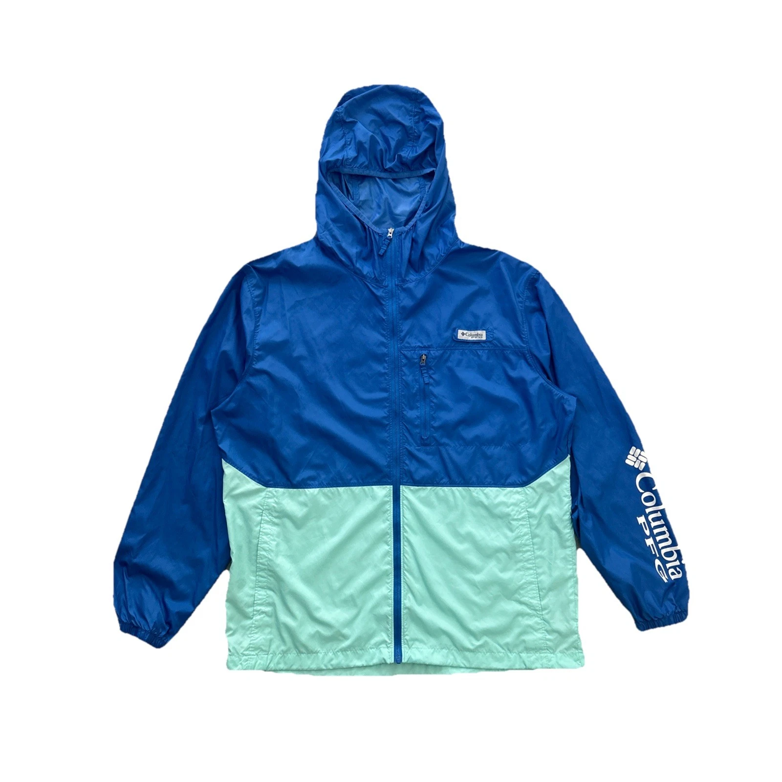 Columbia PFG Hooded Windbreaker Jacket Blue Mint Fishing Outdoor Size L Mens