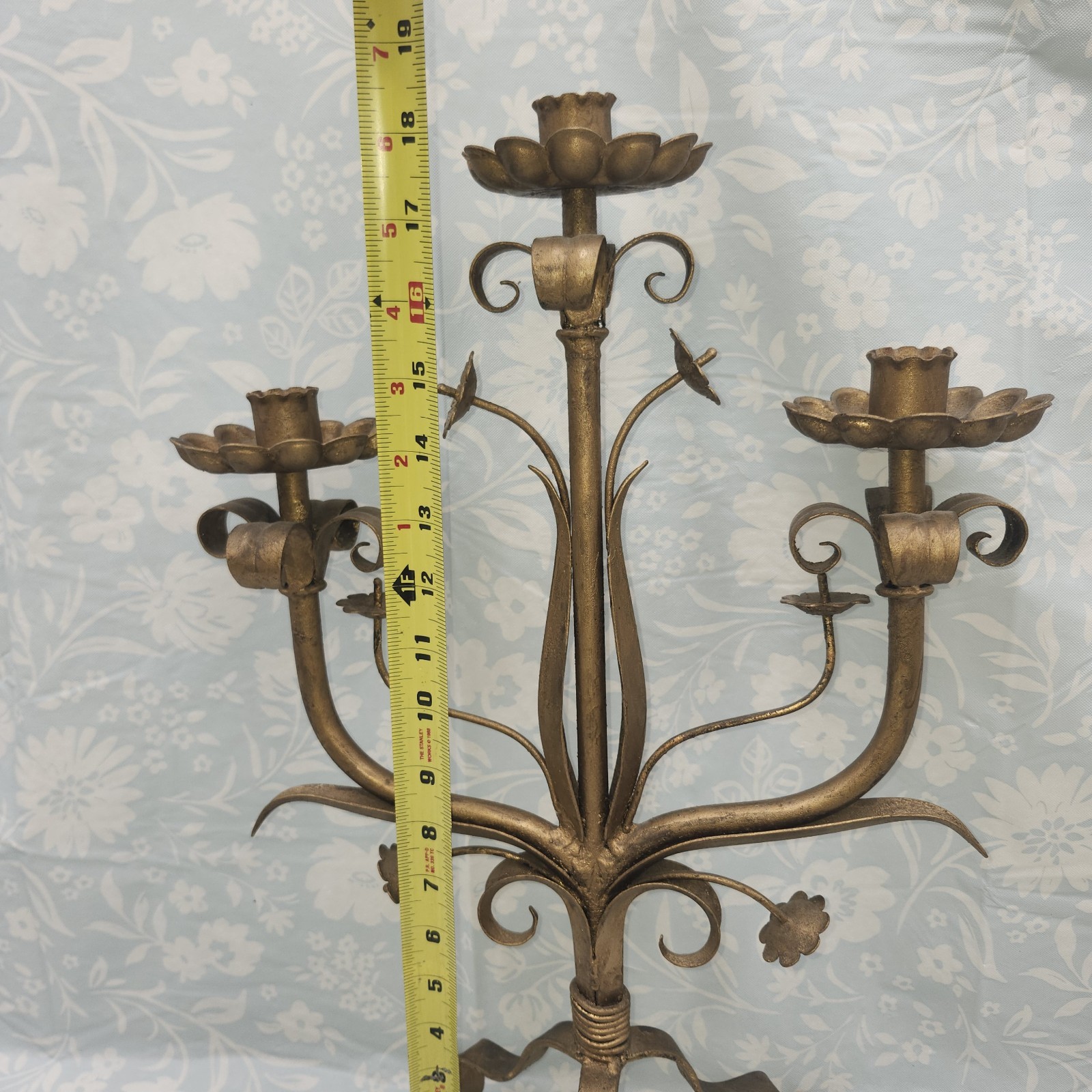 18" vintage 3 Arm Candelabra Candle Holder flower iron metal gilded ...