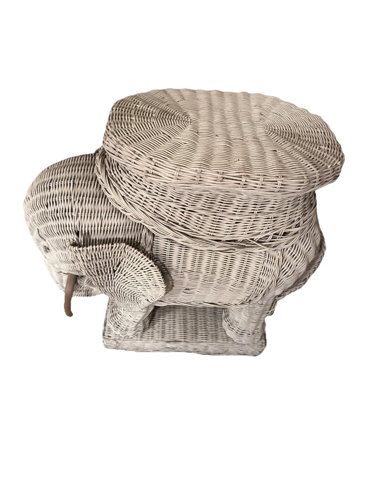 Vintage White Wicker / Rattan Elephant Table w/ Removable Tray Top – Boho - Image 3 of 4