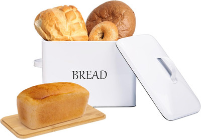 Bread Box with Two Lids | Metal Lid and Bamboo Cutting Board Lid | Cotton Bread 