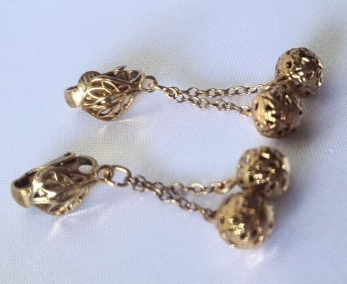 Vintage Gold Tone Ball Orb Chain Dangle Clip On Earrings Unmarked - Picture 2 of 6