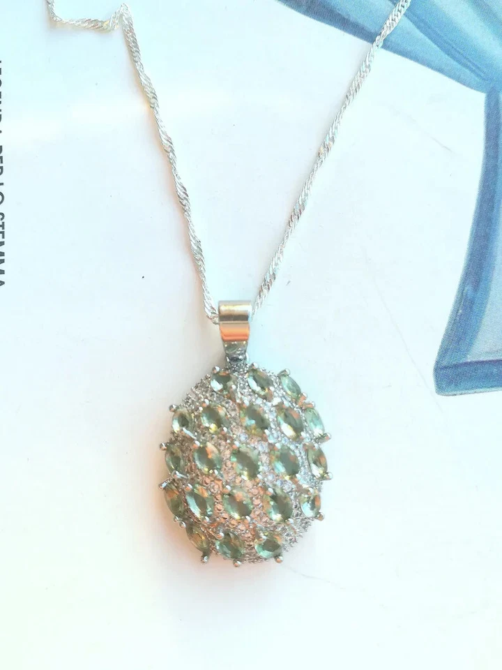COLLANA VERA AMETISTA VERDE PRASIOLITE NATURALE E PAVE DI TOPAZI SU ARGENTO 925 - Immagine 4 di 4