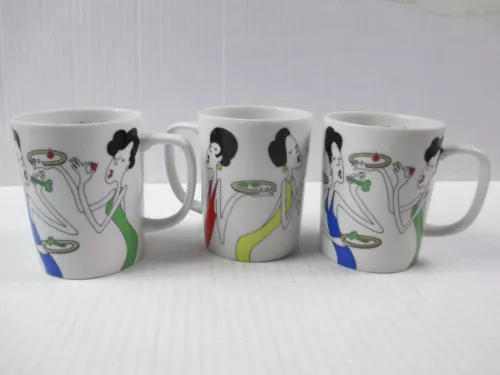 Set Of 3 Vintage Fitz & Floyd THIN IS IN Beautiful Coffee Mugs