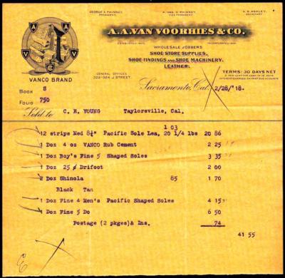 1918 Sacramento - A A Van Voorhies & Co - Vanco Shoe supplies - Letter Head Bill