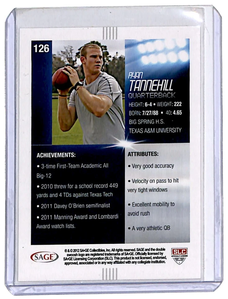 2012 SAGE HIT Ryan Tannehill* Texas A&M Aggies #126 - Image 2 of 2