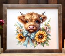 Cow Wall Art Print, Cute Cow With Blue Bow Wall Art Print, Farmhouse Decor