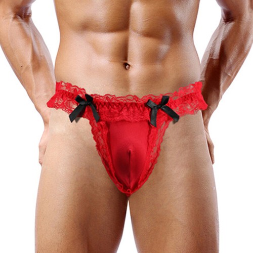 Men's Lace Sexy Panties Bow Ruffled Briefs Penis Pouch Low Waist Underwea v - Picture 9 of 18