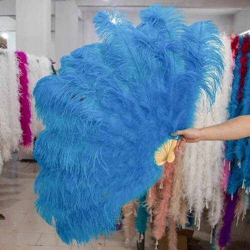 13 Bone Large Ostrich Feathers Fan Hand Held Fan Christmas Party Belly Dance - Image 2 of 4