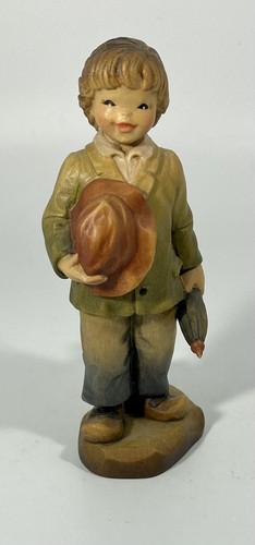 Ferrandiz Anri Italy Wood Sculpted Figure Boy With Red Hat Umbrella Rabbit 4”