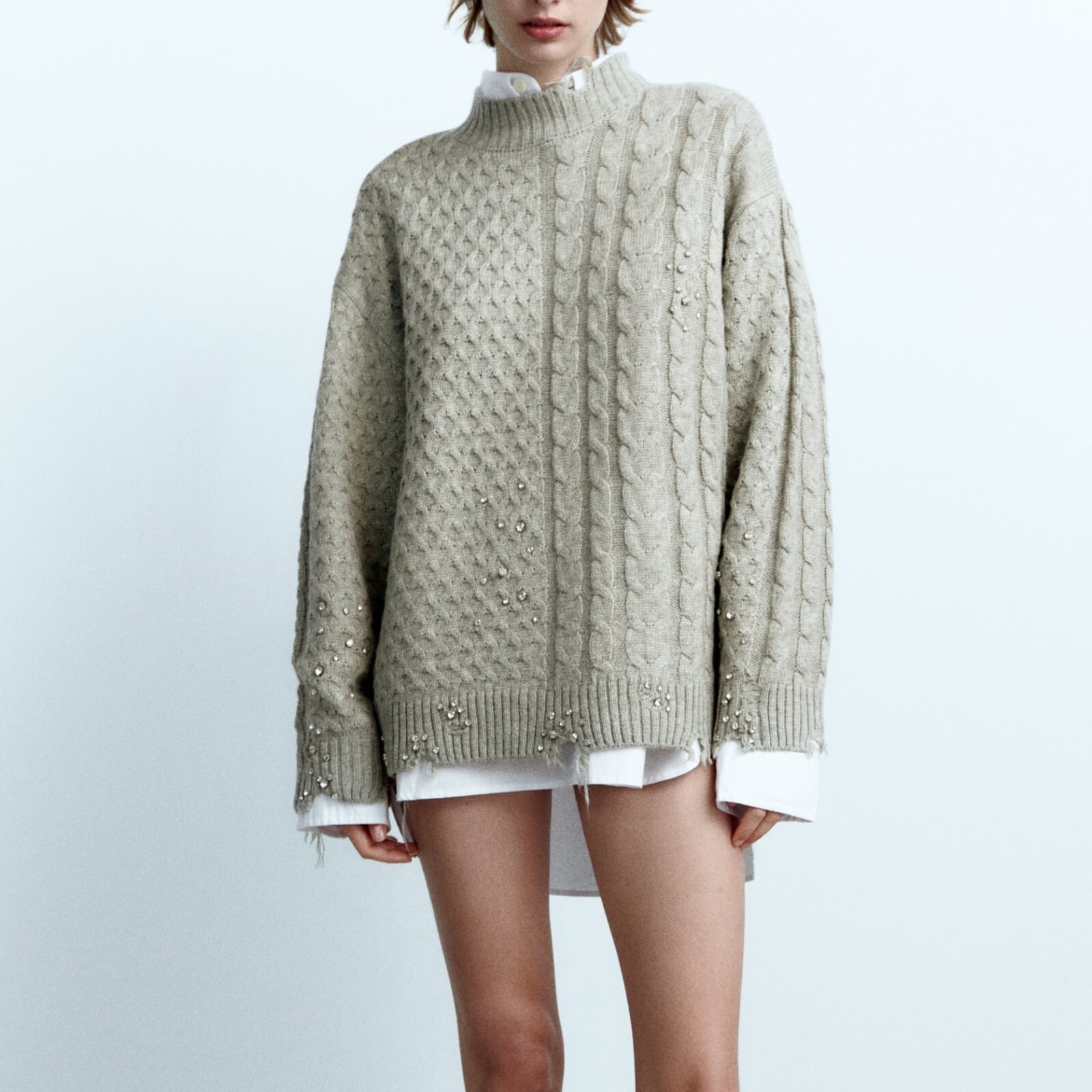 ZARA HIGH NECK RIPPED CABLE KNIT SWEATER WITH STUD REF: 9598/295