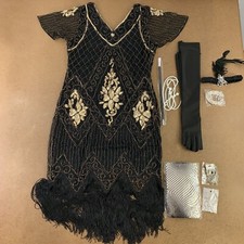 Women's Large Black Gold Sequin Fringe Flapper Dress Accessory Set 9 Pieces