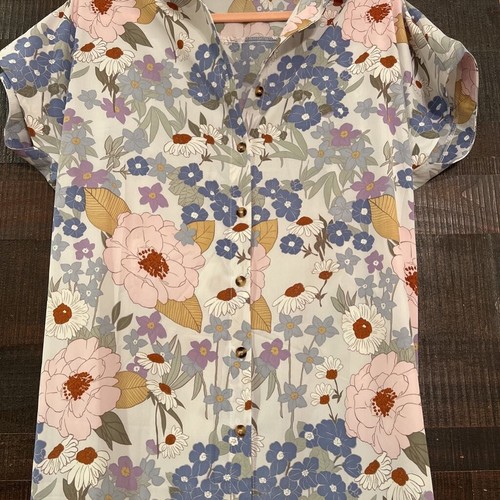 Shift Shirt Dress Womens Pink Floral Round Hem Midi Short Sleeve Minimalist S - Picture 2 of 5