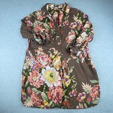 Soft Surroundings Tunic Top Womens Brown Floral Roll Tab Sleeve Pockets