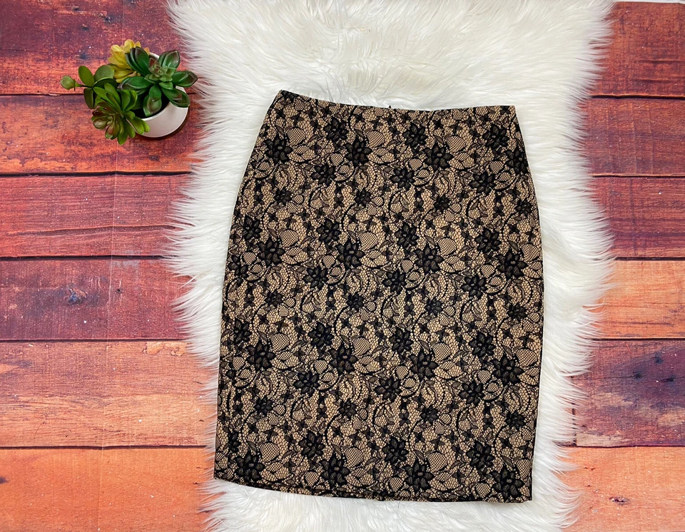 Falda recta lápiz encaje floral negro tostado/desnudo Talbots para mujer talla 2