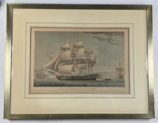 Antique Robert Dodd Hand Tinted Engraving East Indiaman Ship 23x29” Framed Print