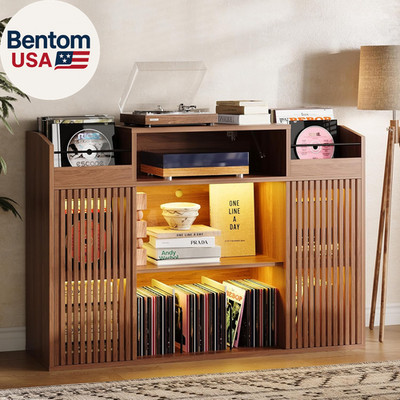 Luxury Record Player Stand with Storage, Holds 1500+ Vinyl Records, Large Record