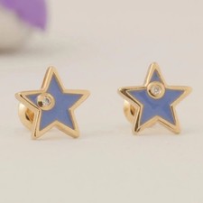 0.01ct Natural Diamond Kids Star Studs 14k Gold Blue Enamel Everyday Earrings