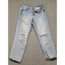 American Eagle Mom Jeans Light Wash Distressed Button Fly Stretch Womens Size 4