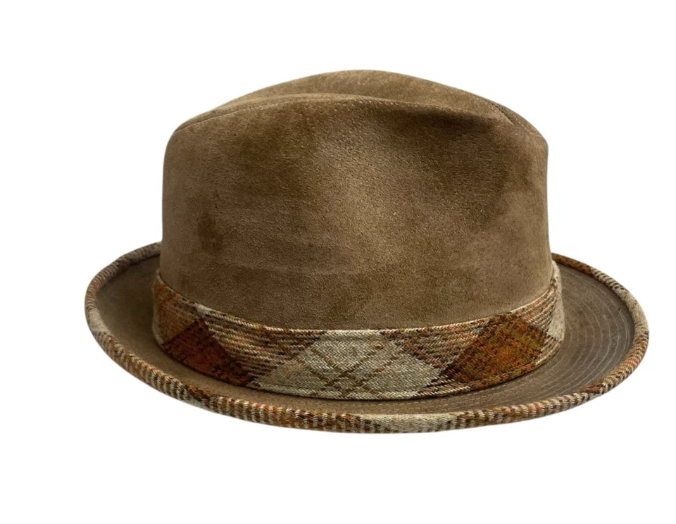Vintage Dobbs Fifth Avenue New York 7 1/4 Suede Brown Plaid Tweed Fedora Hat - Image 3 of 4