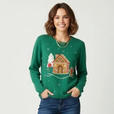 Ugly Christmas Sweater Women sz L 12-14 Gingerbread House Embroidered Green