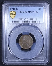 1916-S Lincoln Wheat Cent - 1c PCGS MS62 BN - PCGS Gold Shield