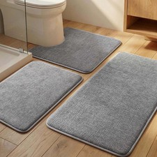 3 PCS Grey Memory Foam Bath Mat Set Soft Absorbent NonSlip Quick Dry Rugs