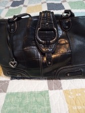 Brighton Large Black Leather Embossed Croc Shoulder Bag Purse W Heart Charm Used