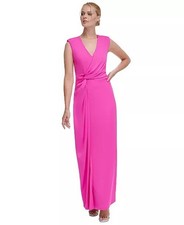 DKNY Womens Size 10 Pink V-Neck Side-Knot Sleeveless Cocktail Gown Dress Party