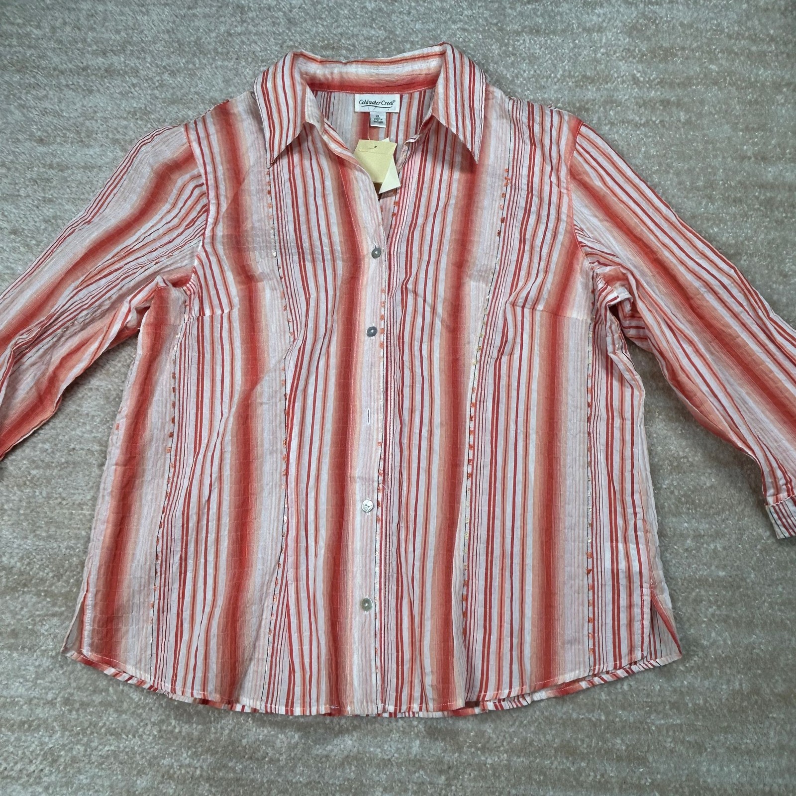 Coldwater Creek Shirt Womens XL Coral Striped Button Up Lightweight Seersucker
